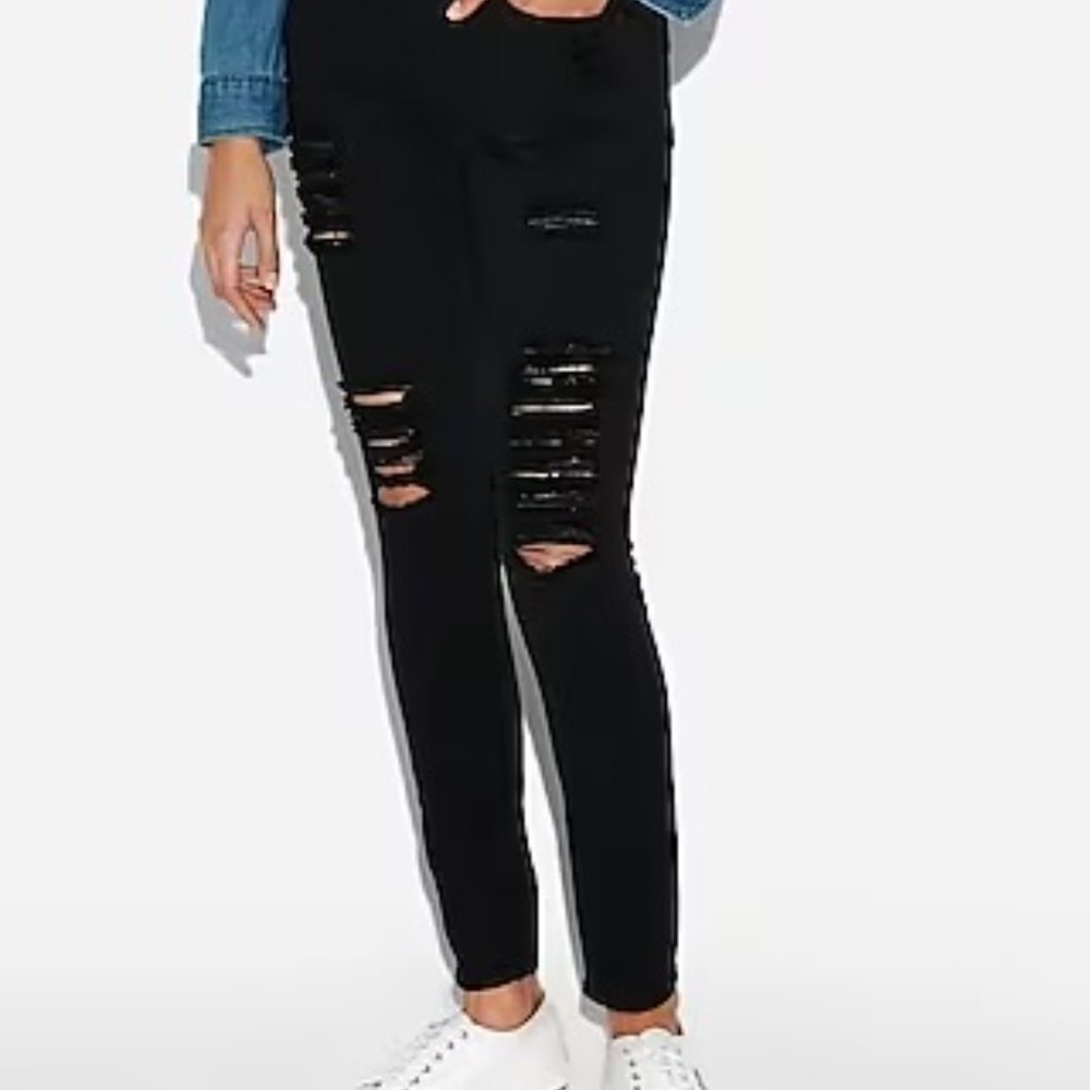 Express Black Distressed Jeggings Ripped 2P Skinny Stretch Goth Y2K Biker Grunge